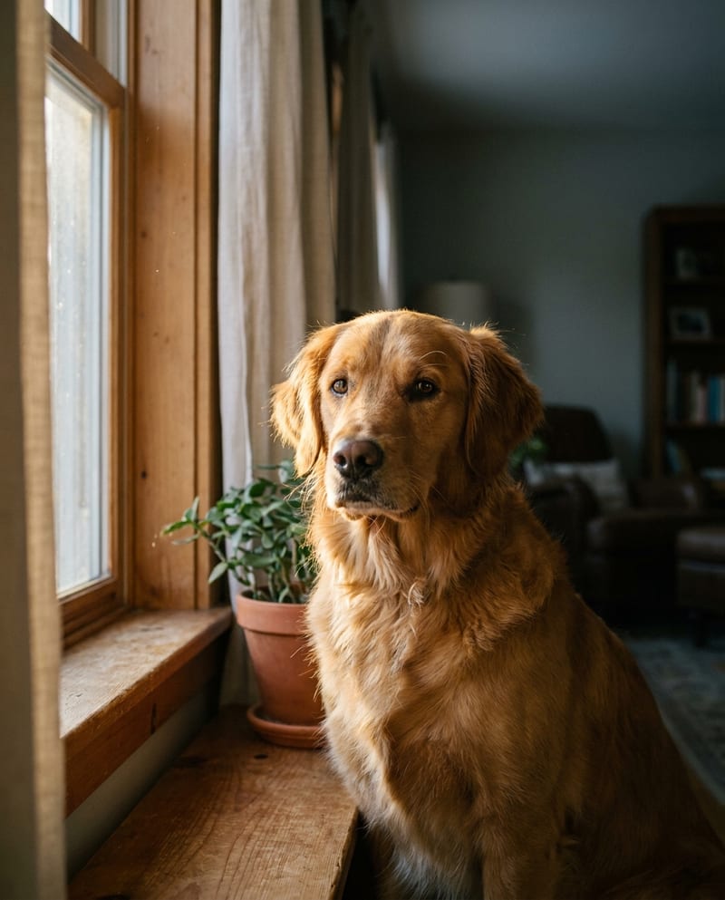Portrait de chien à la fenêtre : golden retriever assis devant un large rebord de bois, dans la lumière rasante du matin