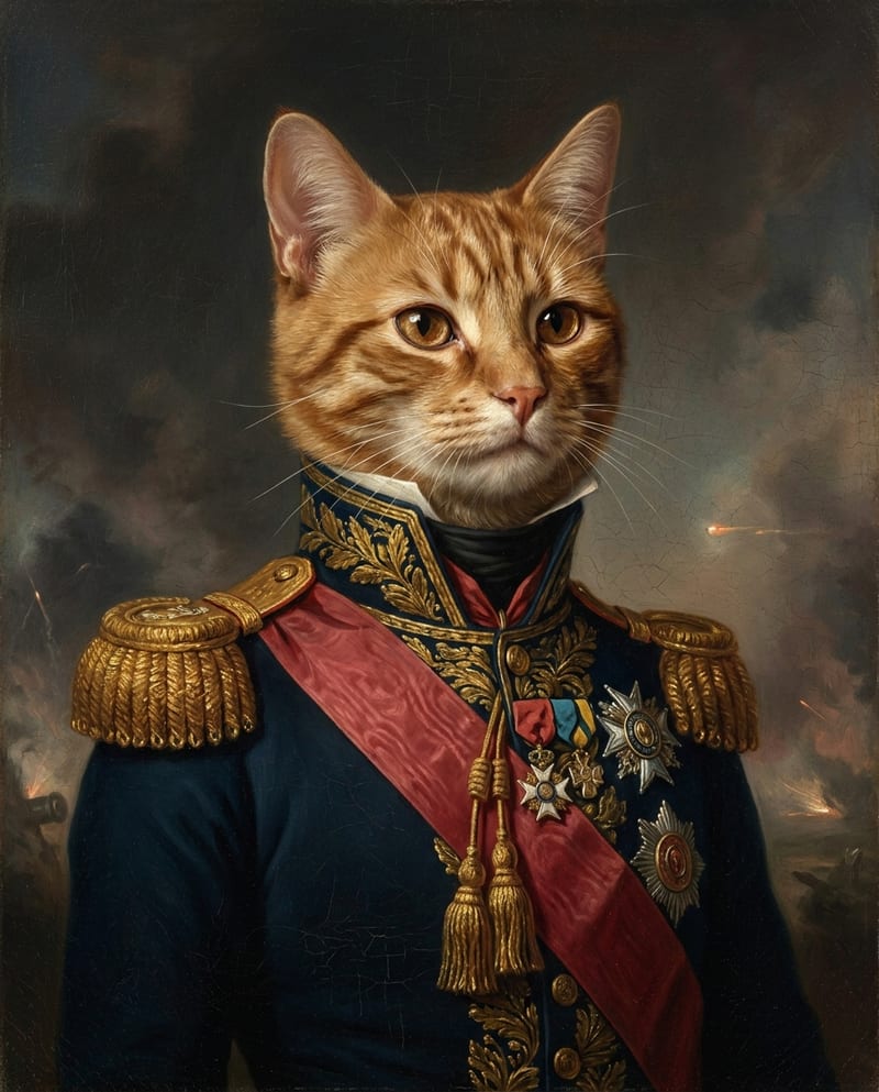 Portrait de chat en costume : chat roux en uniforme de général, épaulettes dorées et médailles