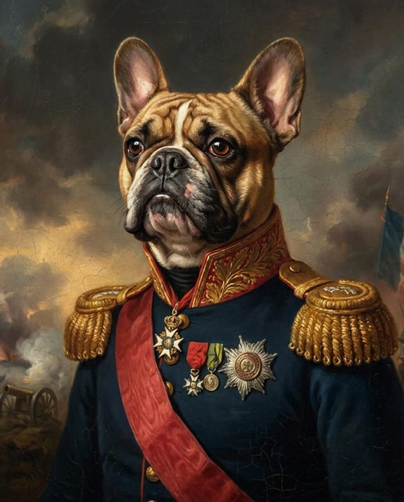 Portrait de chien en costume : bouledogue français en uniforme de général, décorations et épaulettes