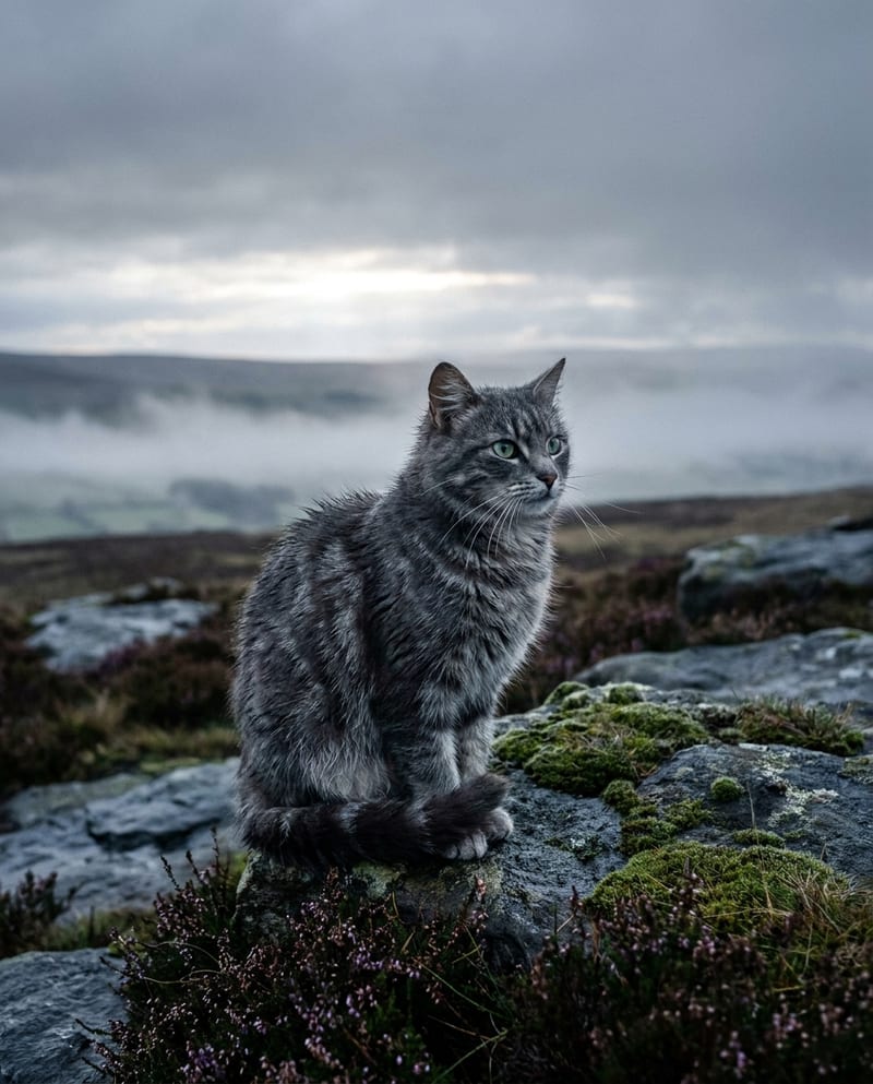 Portrait de chat en extérieur : chat gris tigré sur un rocher couvert de mousse, lande de bruyère et brume au petit jour