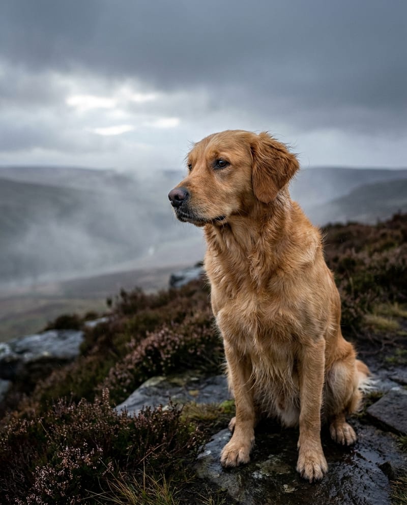 Portrait chien personnalisé réaliste : golden retriever assis sur une lande de bruyère, brume basse et ciel couvert