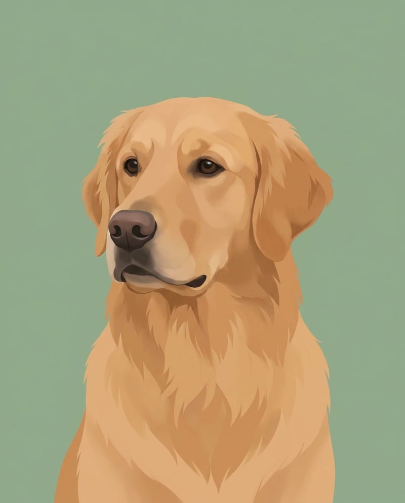 Portrait chien dessin moderne : golden retriever illustré sur un aplat de couleur vert sauge