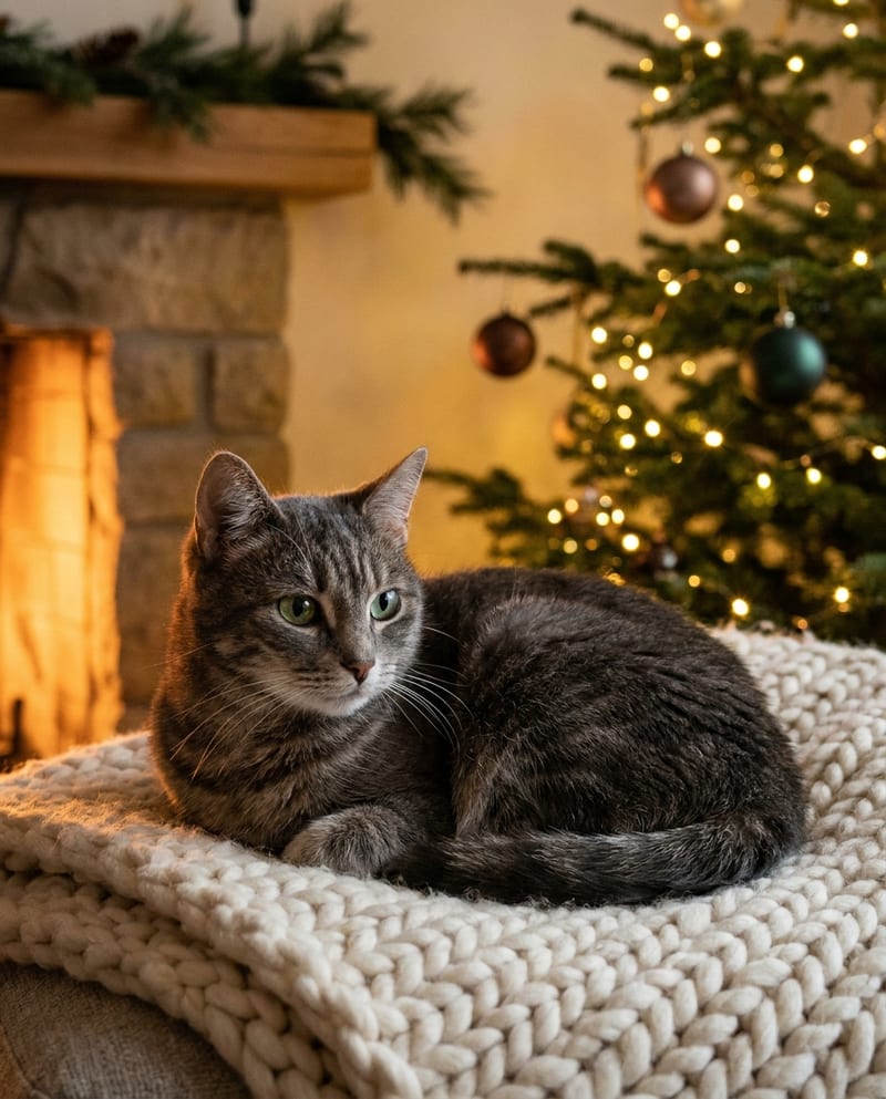Portrait de chat de Noël : chat gris tigré lové sur un plaid de laine crème devant une cheminée allumée, sapin illuminé en arrière-plan