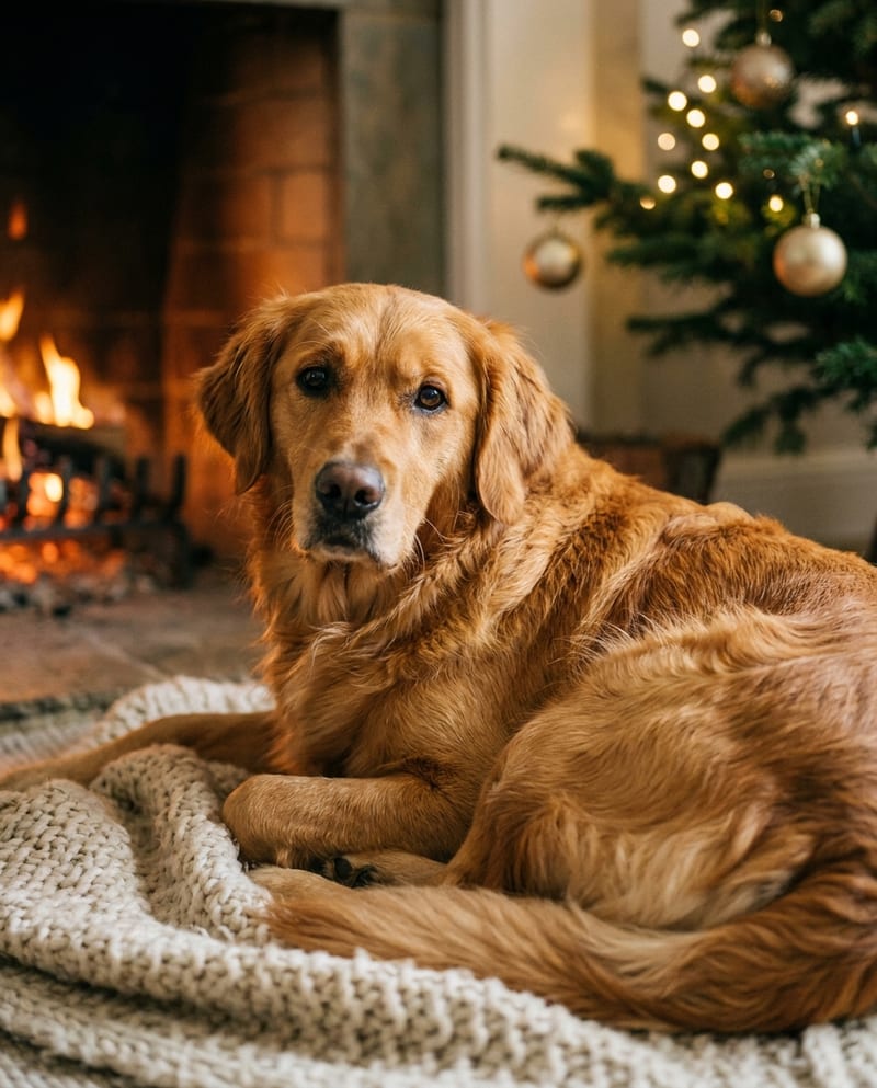 Portrait de chien devant une cheminée allumée : golden retriever couché sur un plaid de laine, sapin de Noël flou derrière