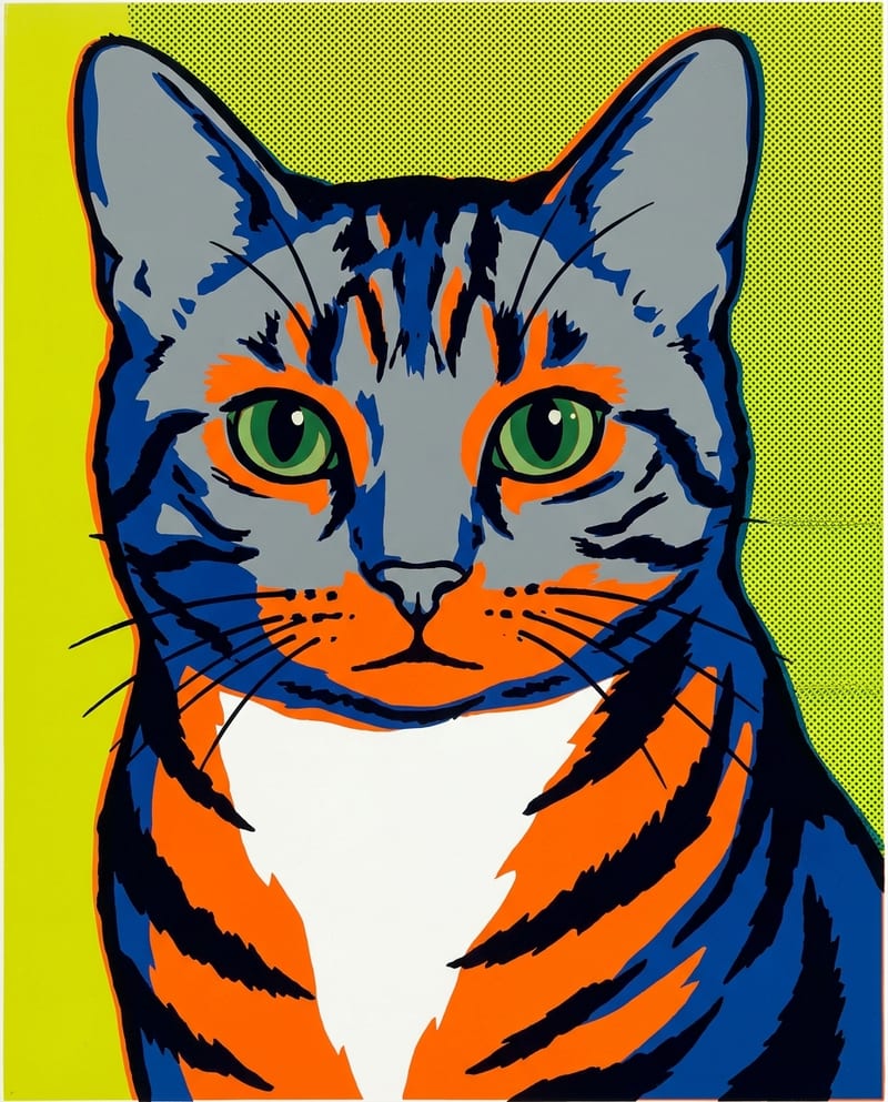 Portrait chat pop art : chat tigré en aplats de couleurs saturées façon sérigraphie