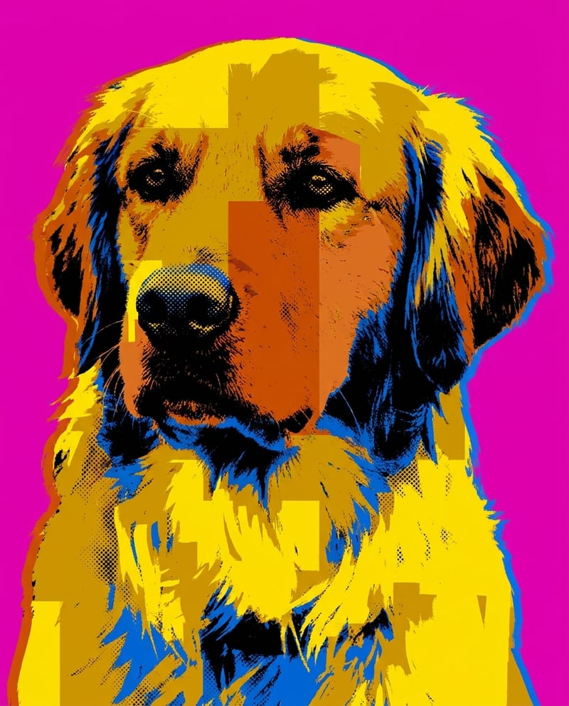 Portrait chien pop art : golden retriever en aplats de couleurs saturées façon sérigraphie
