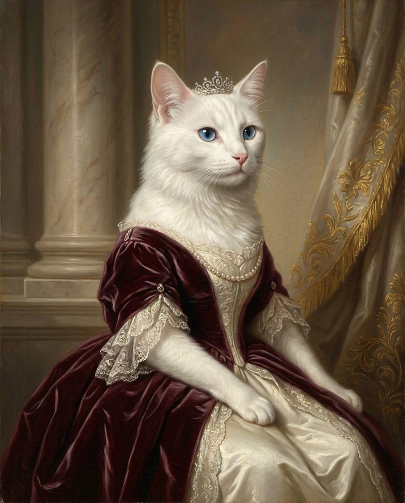 Portrait chat aristocrate : chatte blanche aux yeux bleus en robe de velours bordeaux, perles et diadème