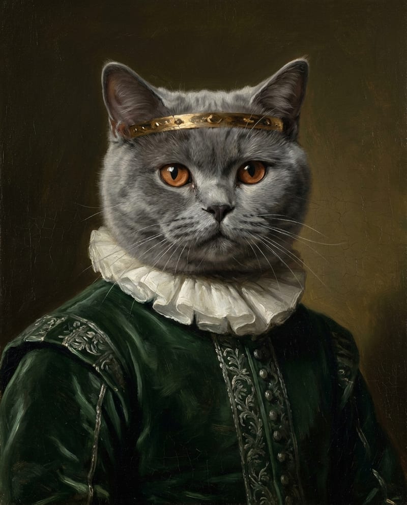 Portrait chat personnalisé style royal : chat british shorthair gris en habit de cour vert et col de dentelle