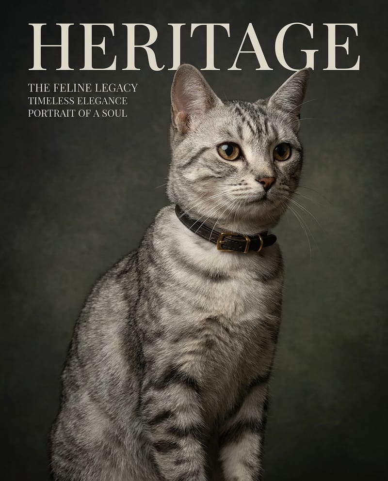 Portrait de chat en couverture de magazine : chat tigré argenté photographié en studio sur fond sombre