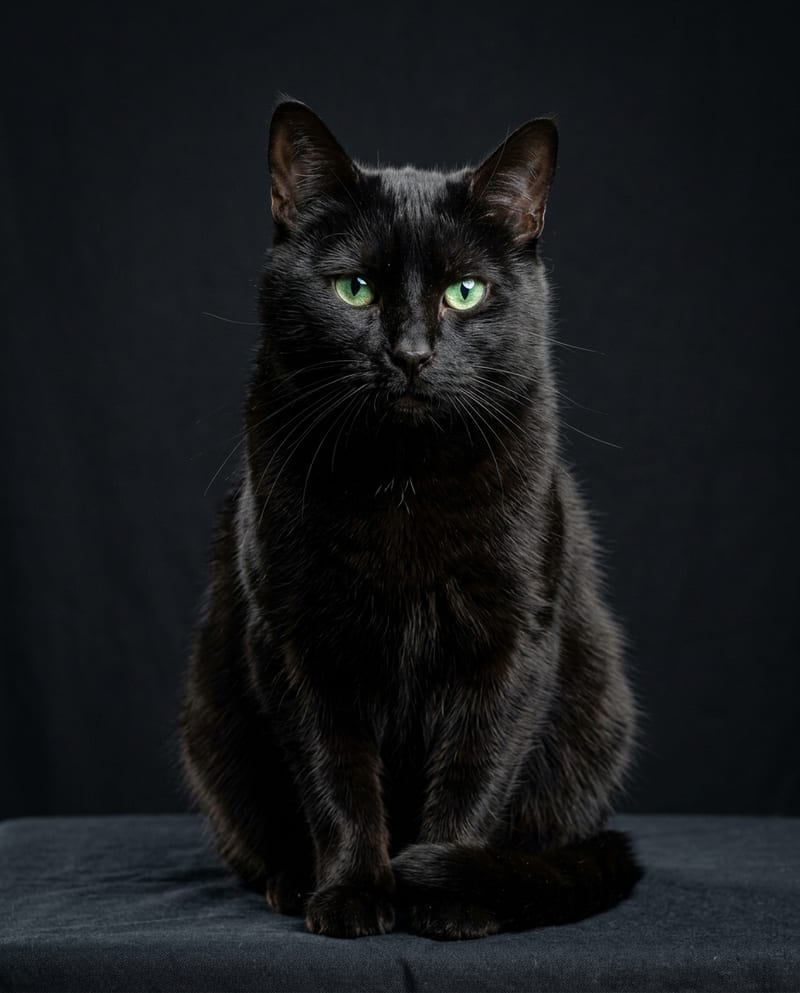 Tableau chat personnalisé en studio : chat noir aux yeux verts sur fond sombre, lumière de galerie