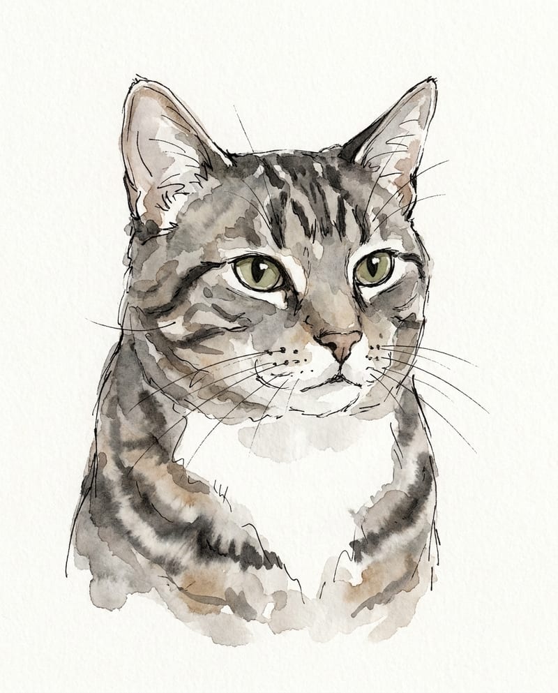 Portrait chat dessin à l’encre et lavis d’aquarelle : chat tigré au trait libre sur papier blanc