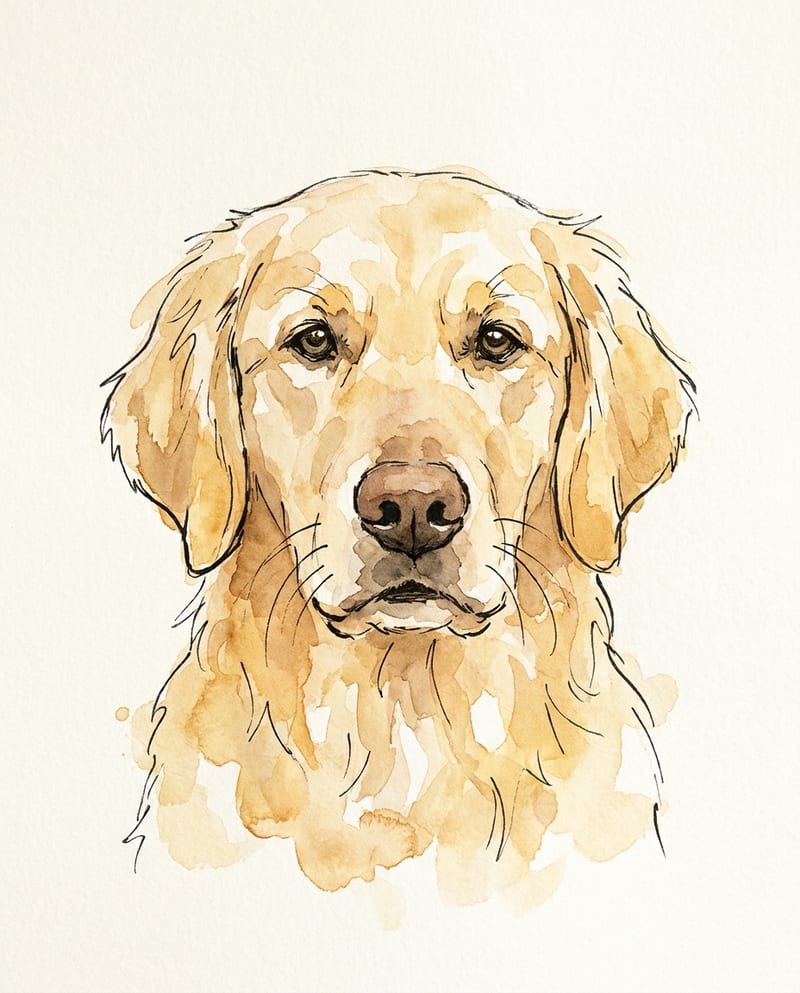 Portrait chien dessin à l’encre et lavis d’aquarelle : golden retriever au trait libre sur papier blanc