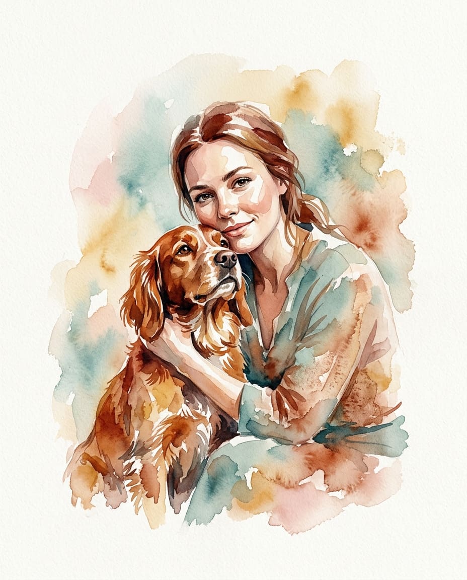 Portrait chien personnalisé à l’aquarelle : un épagneul dans les bras de sa maîtresse