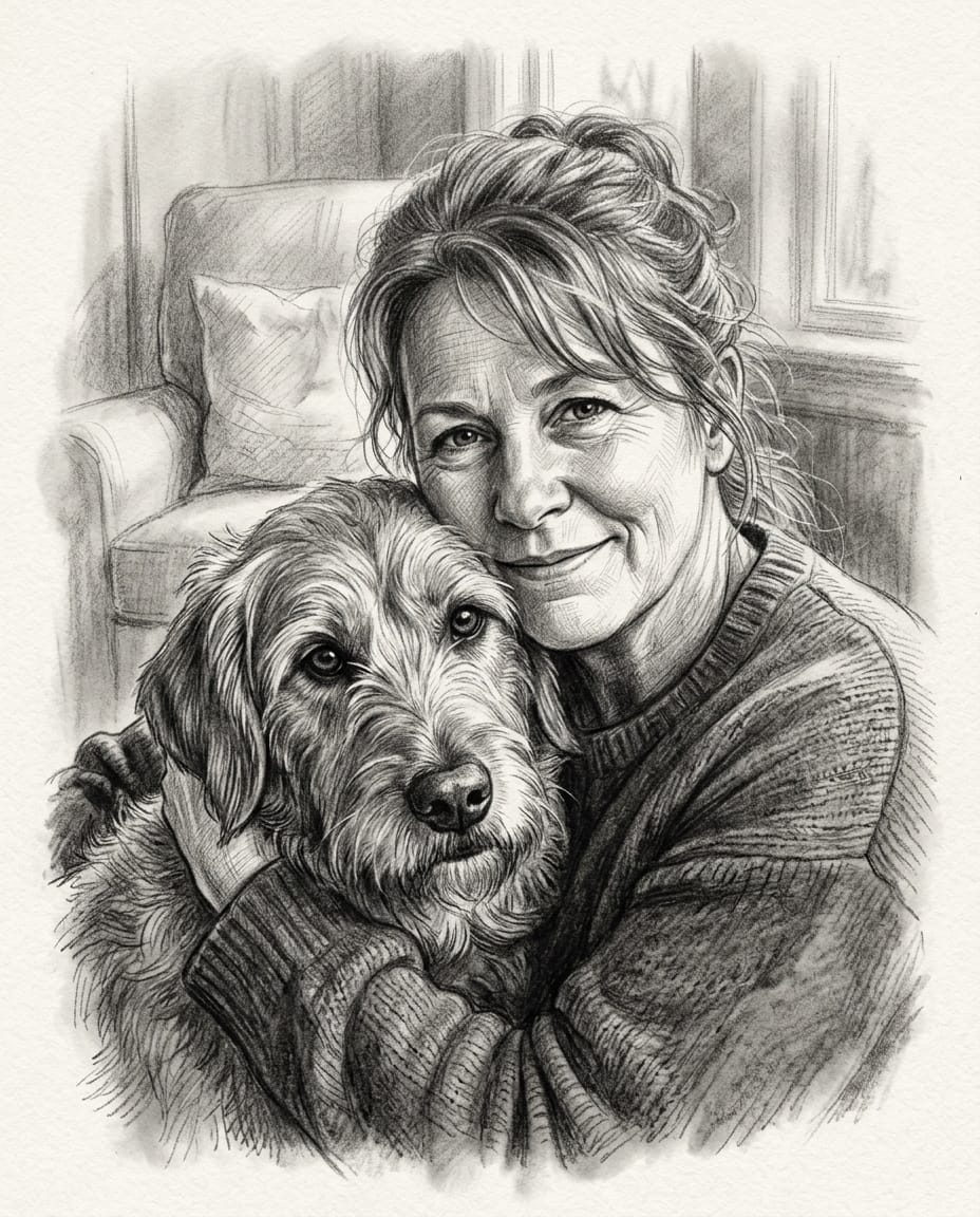 Portrait de chien au crayon et fusain, joue contre joue avec sa maîtresse