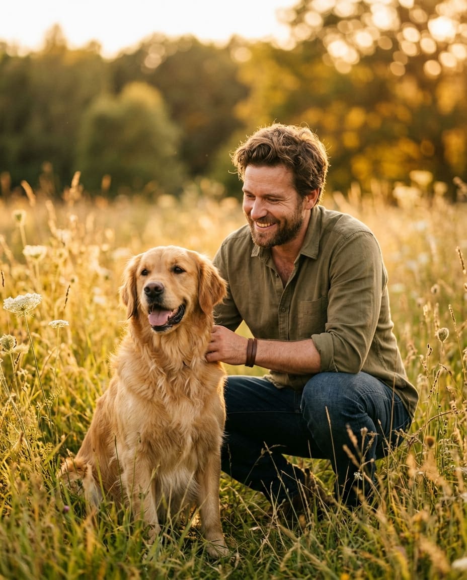 Portrait de chien et de son maître dans un champ à la lumière dorée du soir, golden retriever