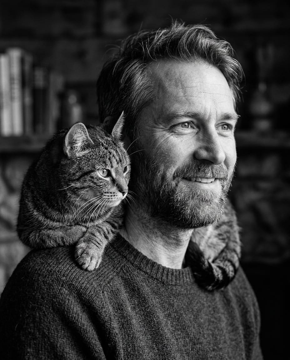 Portrait en noir et blanc d’un chat tigré posé sur l’épaule de son maître