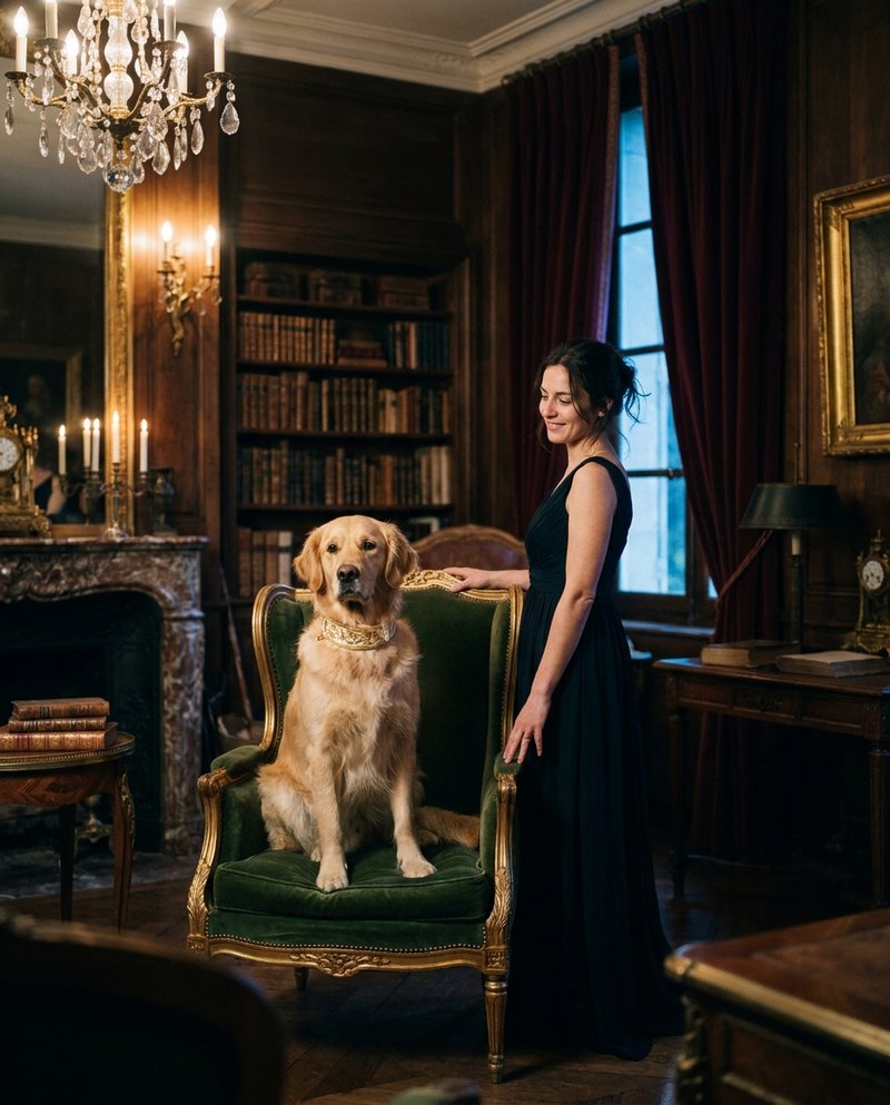 Portrait de chien et de sa maîtresse dans une bibliothèque de château, golden retriever sur un fauteuil vert