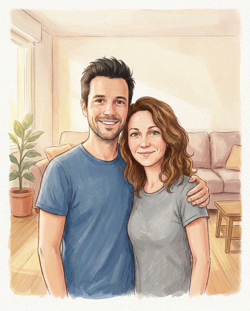 Portrait de couple façon album jeunesse : le couple enlacé dans un salon cosy aux tons pastel