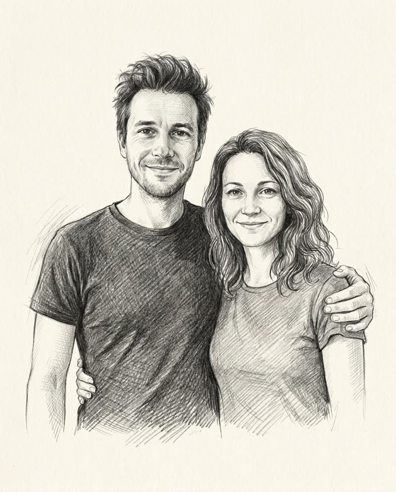 Portrait de couple au crayon graphite, hachures fines sur papier crème