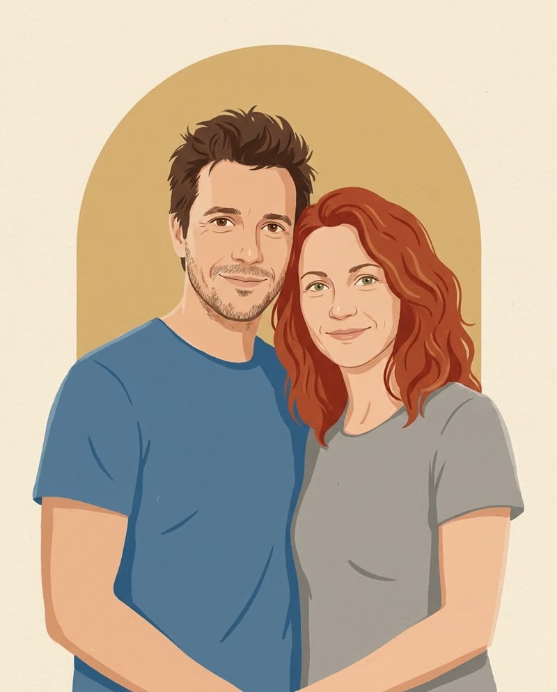 Portrait de couple en aplats terracotta et sable, devant une arche beige