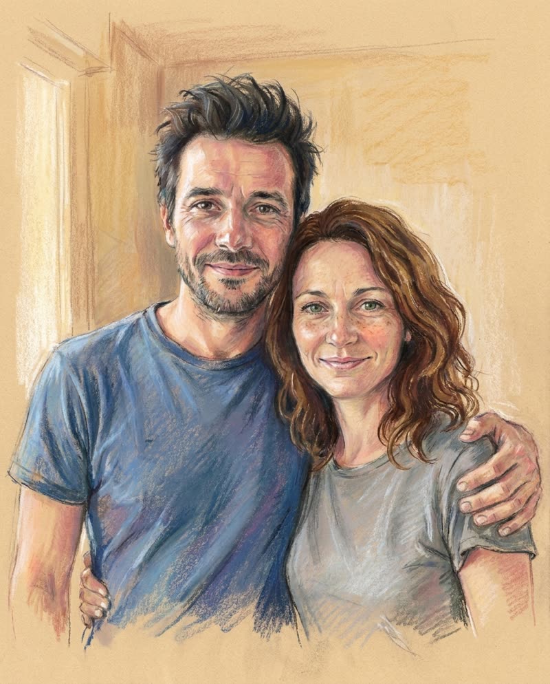 Portrait de couple au pastel sur papier teinté beige, traits doux et matière poudreuse