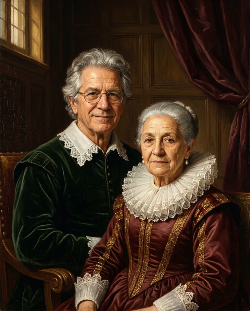 Portrait royal de grands-parents : lui en velours vert et col de dentelle, elle en robe bordeaux à grande fraise