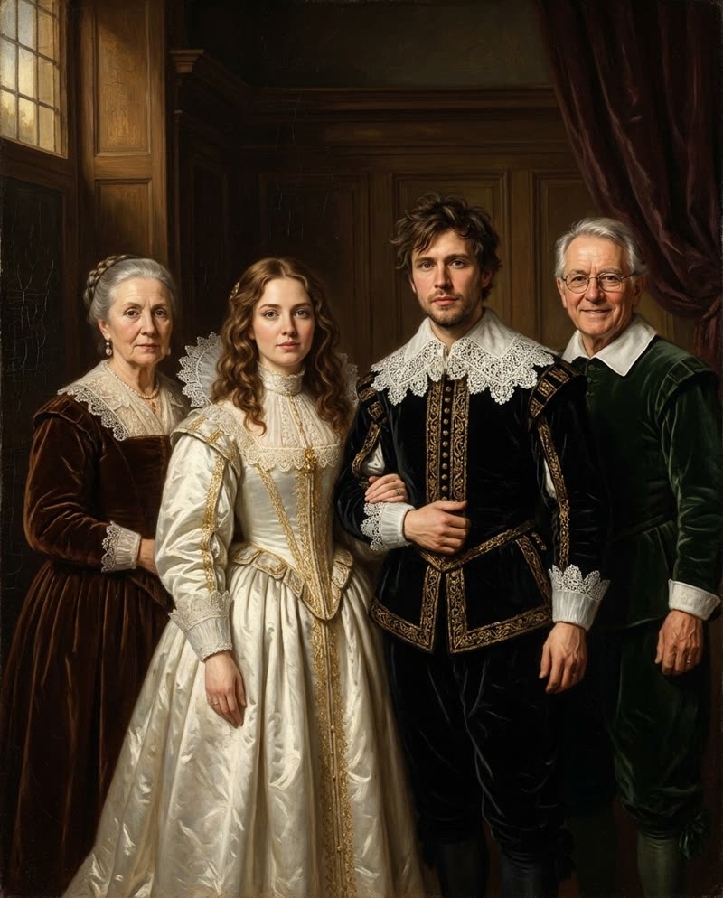 Portrait de mariage royal : les mariés en soie claire et pourpoint noir, entourés de leurs parents en costumes de cour