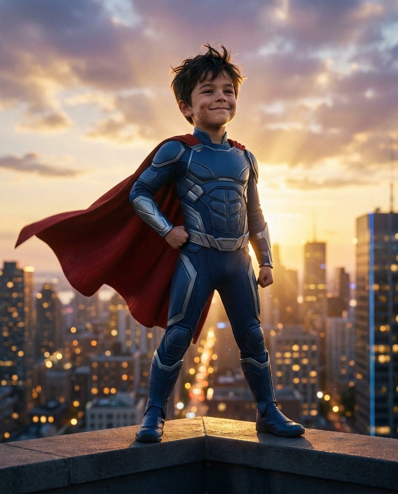 Portrait d’un enfant transformé en super-héros au-dessus de la ville, encadré
