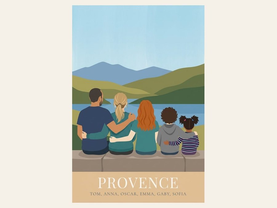 Affiche famille de dos : cinq silhouettes face aux montagnes, titrée « Provence »