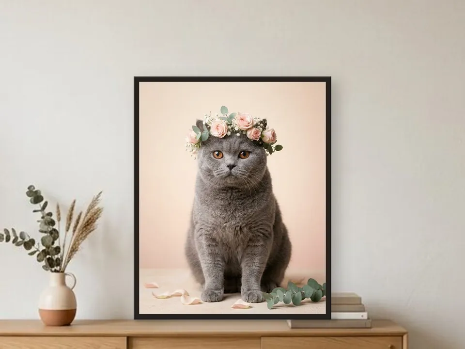 Portrait d’un chat gris coiffé d’une couronne de roses, encadré de noir et posé sur une console
