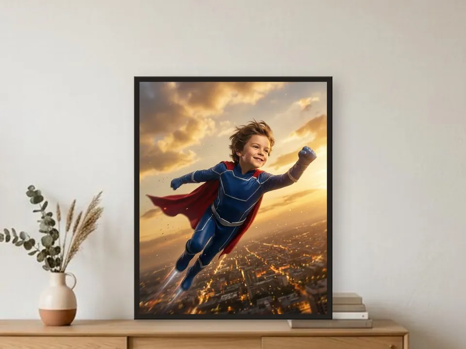 Portrait d’enfant en super-héros, cape rouge dans un ciel doré, encadré de noir et posé sur une console