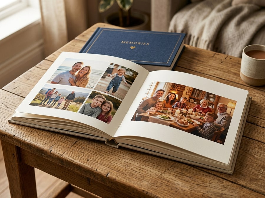 Livre de vie ouvert sur des photos de famille, sur une table en bois