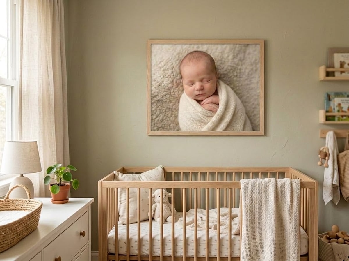 Portrait de naissance d’un nouveau-né, encadré au-dessus d’un berceau